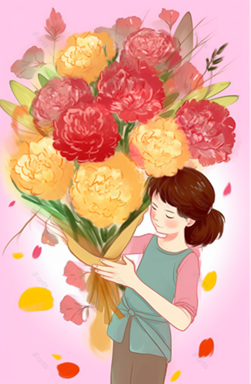 母亲节妈妈抱着康乃馨手绘插画,插画/手绘图,插画/手绘图库,插画/手绘图下载,插画/手绘